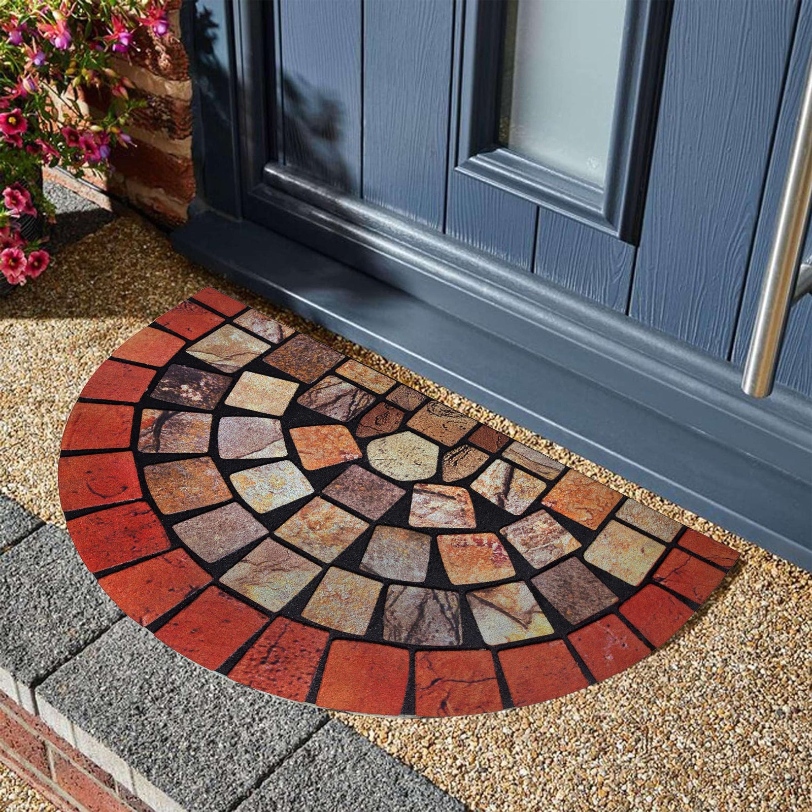 Elegant Tile Effect Halfmoon Doormat | Red