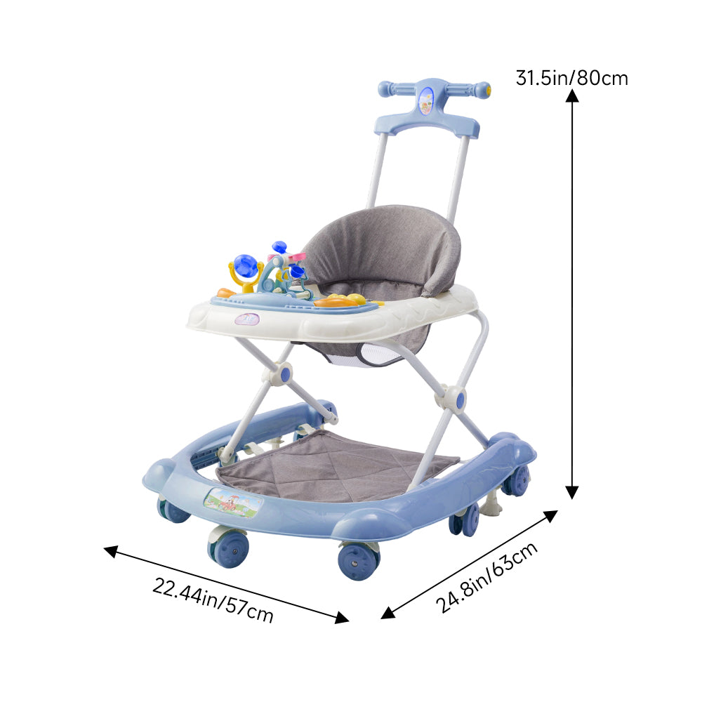 Adjustable Baby Walker, Foldable Walker, Multifunctional Baby Walker, Feeding Tray, Interactive Music, Toys, Wheel Safety Breaks | Blue