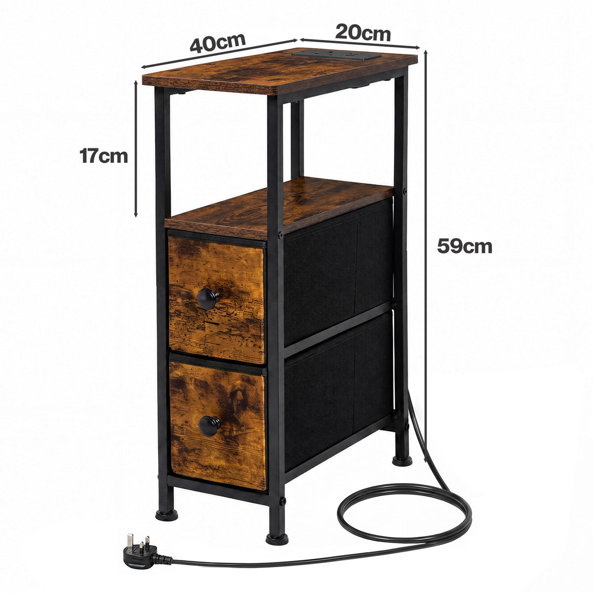 Bedside Table Narrow Side Table With Led Charging Station Storage Brown | Brown