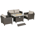 Rattan Garden Furniture Set W/ Gas Fire Pit Table, Cushion | Brown