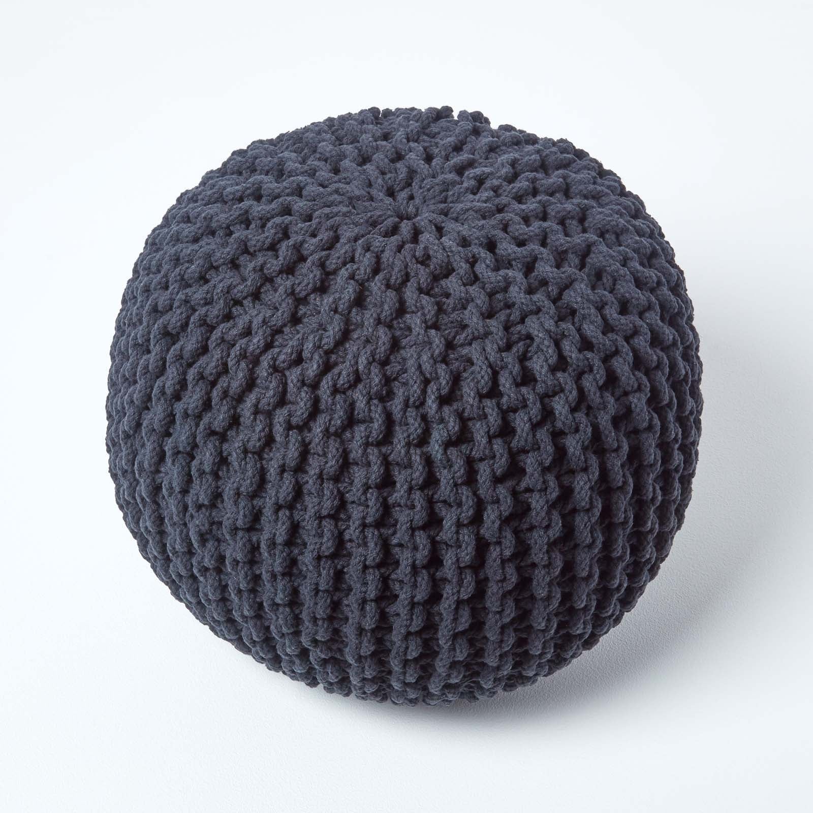 HOMESCAPES Black Round Cotton Knitted Pouffe Footstool