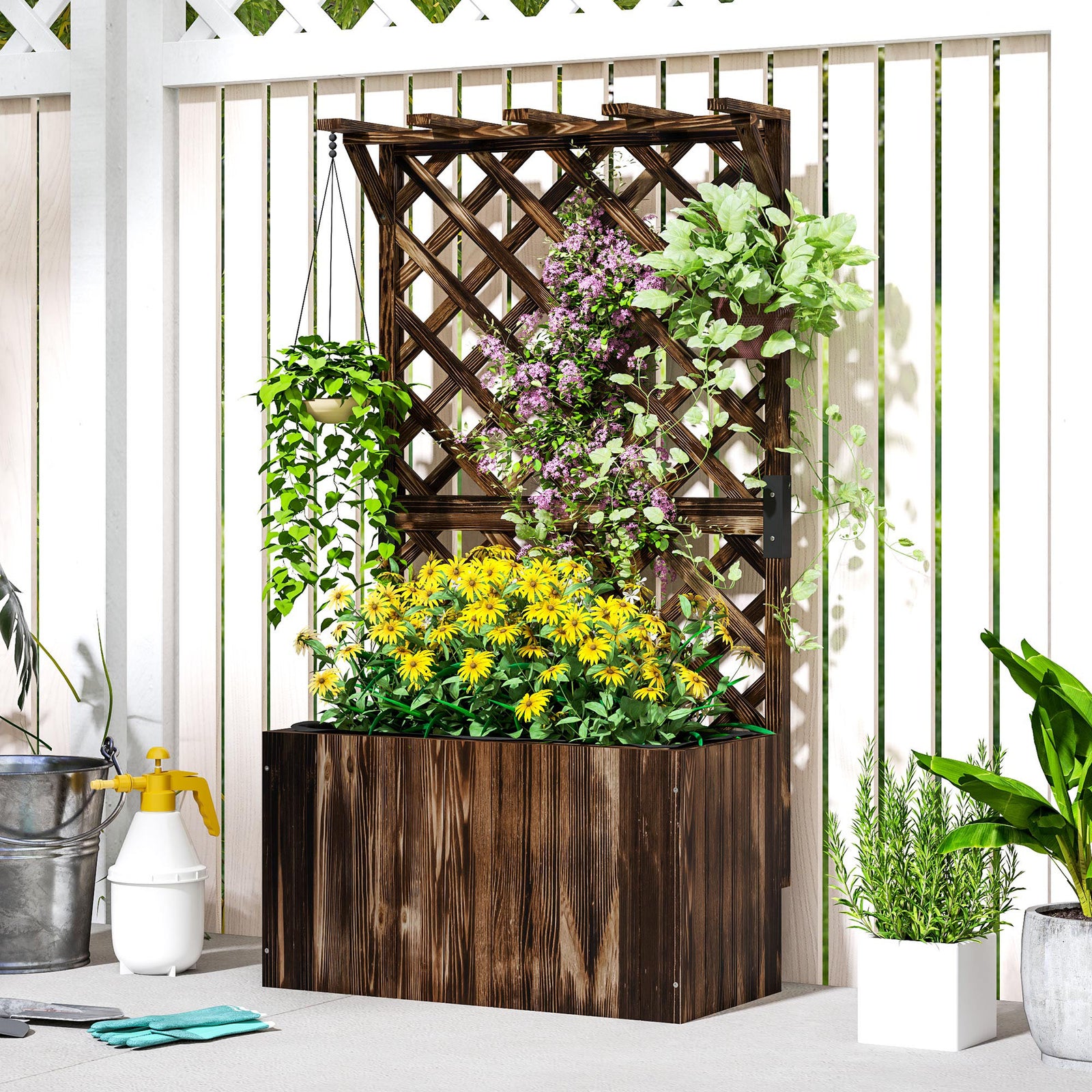 Wooden Planter W/ Trellis And Drainage Holes | Brown