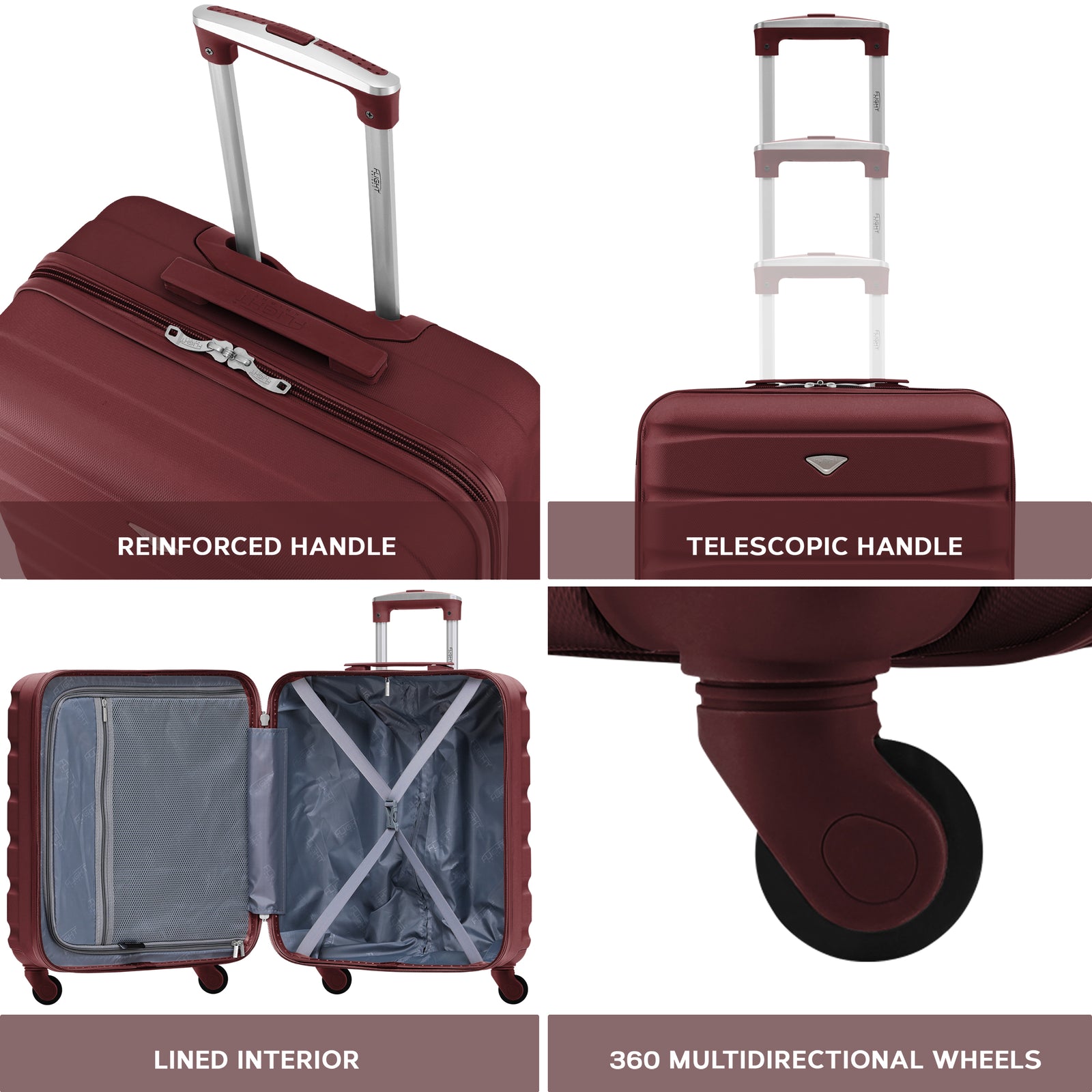 56x45x25cm Large Cabin Carry On Case - Overhead Luggage Suitcase - 4 Spinner Wheels - Abs Shell | 56 x 45 x 25cm | Burgundy