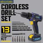 18v Cordless Drill Driver And Screwdriver Set & Drill Bit Kit Li-ion Battery Included, Lightweight Power Battery Drill | 13 Piece Kit – 1x 18v Battery + Charger | Blue