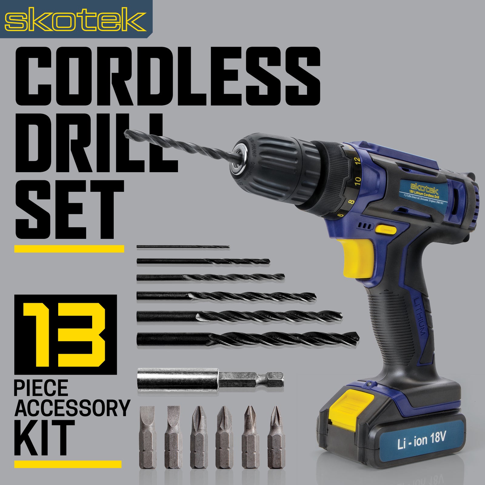 18v Cordless Drill Driver And Screwdriver Set & Drill Bit Kit Li-ion Battery Included, Lightweight Power Battery Drill | 13 Piece Kit – 1x 18v Battery + Charger | Blue