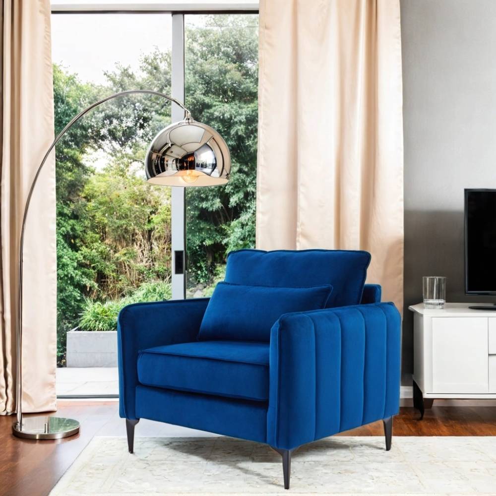Contemporary Velvet Upholstered Armchair With Supportive Cushions | Blue