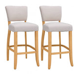 Set Of 2 Beige Linen Upholstered Bar Stools – Armless Counter Chairs With Solid Hardwood Legs, Modern Style