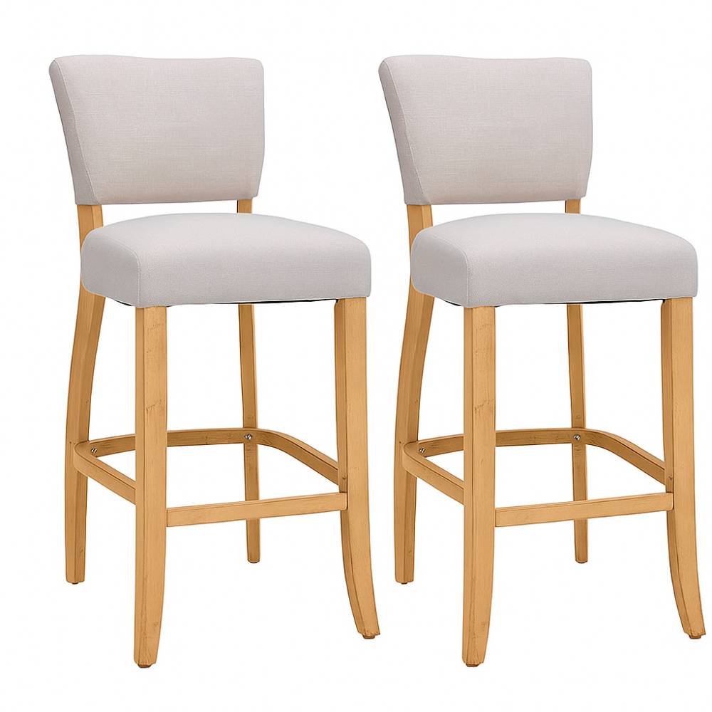 Set Of 2 Beige Linen Upholstered Bar Stools – Armless Counter Chairs With Solid Hardwood Legs, Modern Style