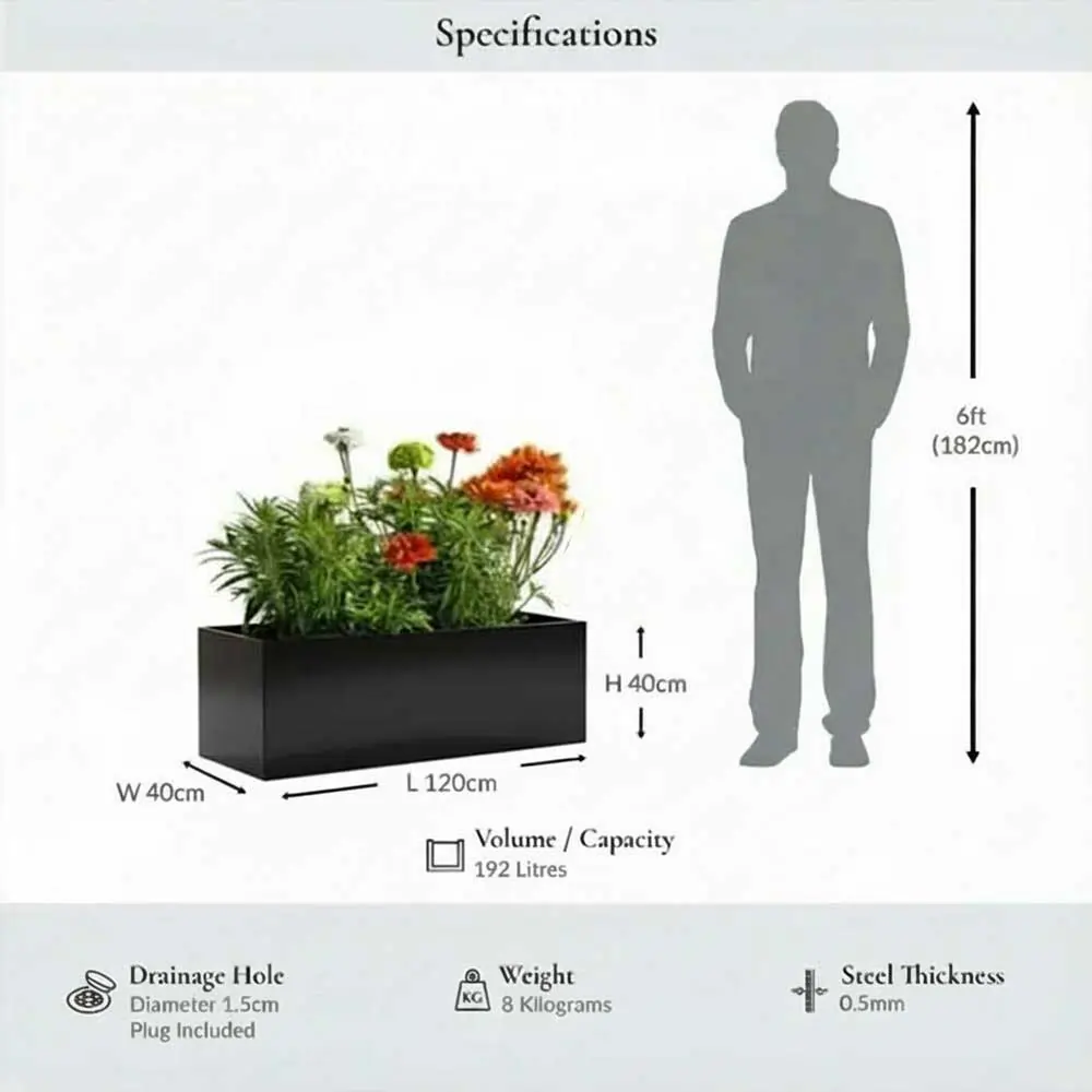 Zinc Galvanised Trough Planter | 120cm x 40cm x 40cm | Black Gloss