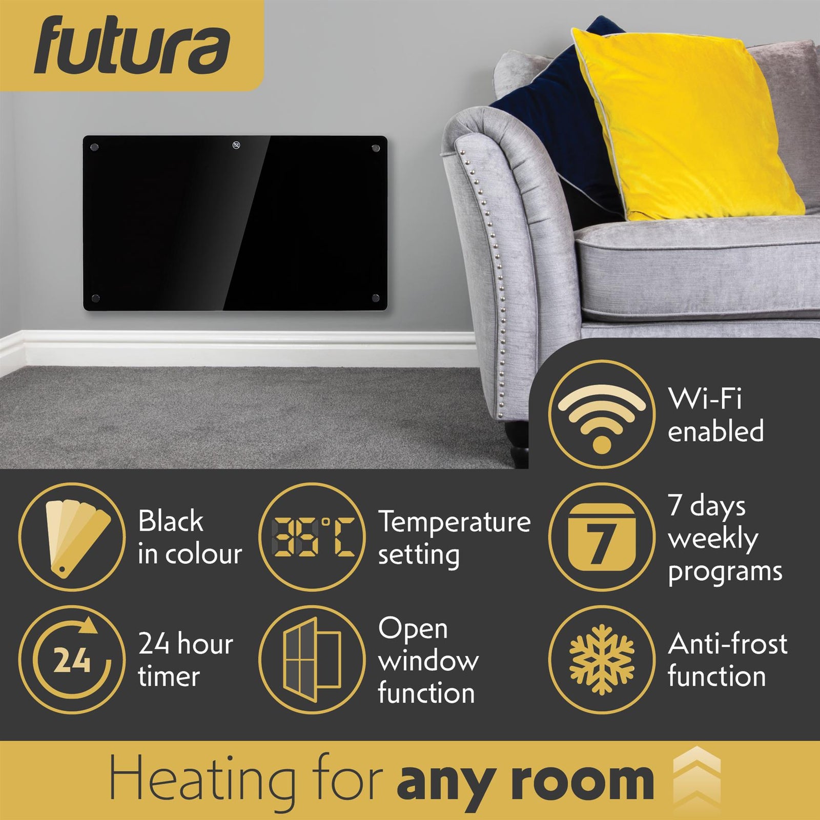Electric Wifi Glass Radiator Panel Heater Black Wall Mounted Or Floor Standing Bathroom Safe, Timer And Thermostat | 1500w | Black