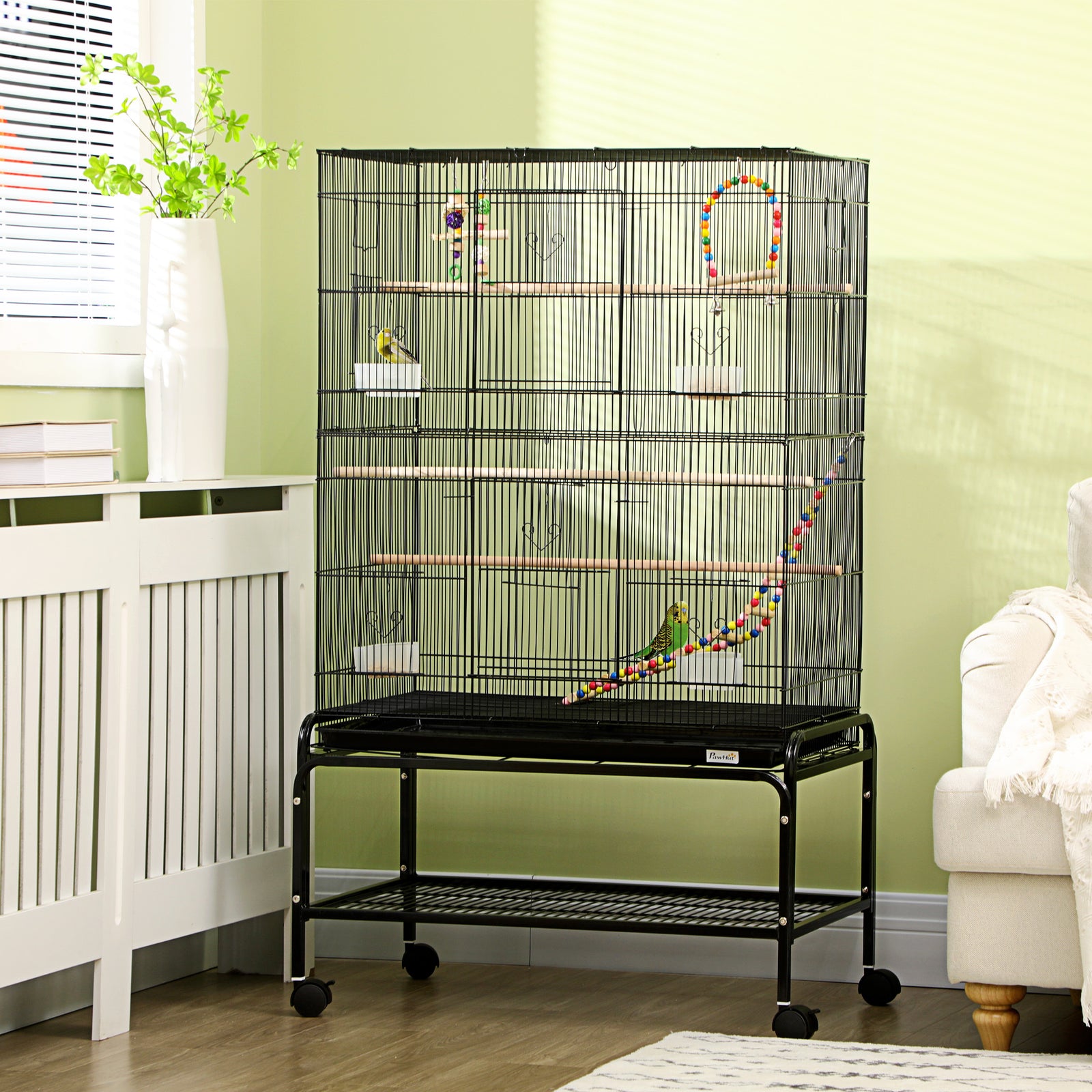 Bird Cage, With Stand, Wheels, Toys, For Budgies, Finches, Parakeets | Black