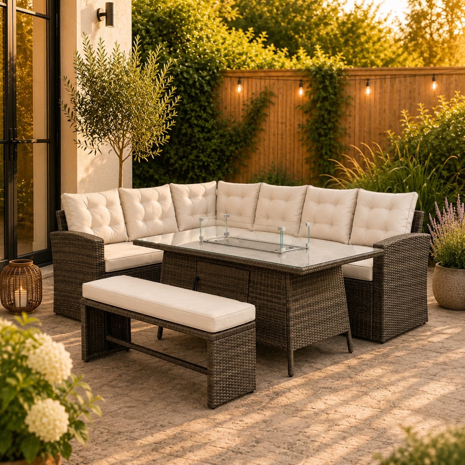 Piana 9 Seat Rattan Corner Sofa With Firepit Table And Bench | Cream & Brown