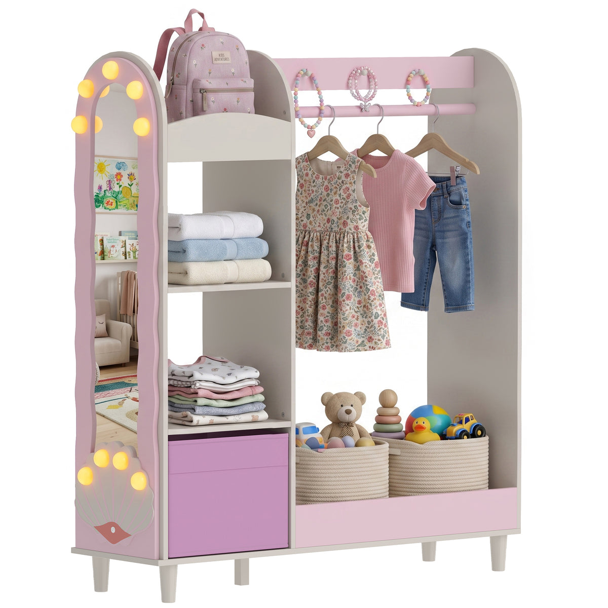 AIYAPLAY Kids Clothing Rack With Lights Mirror, Non-woven Drawer For Age 3-8