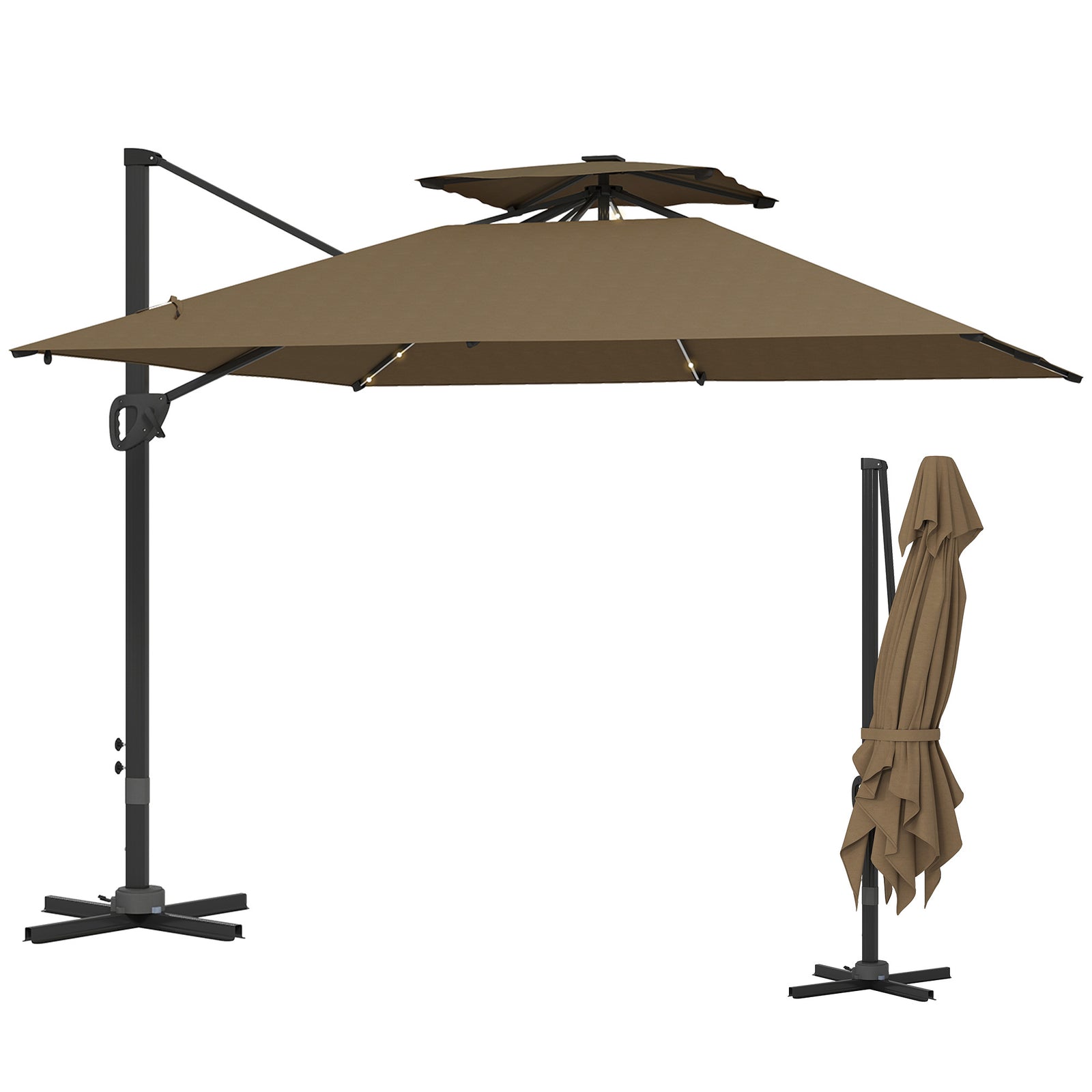 3.5x3m Cantilever Parasol, Solar Led Lights | Khaki