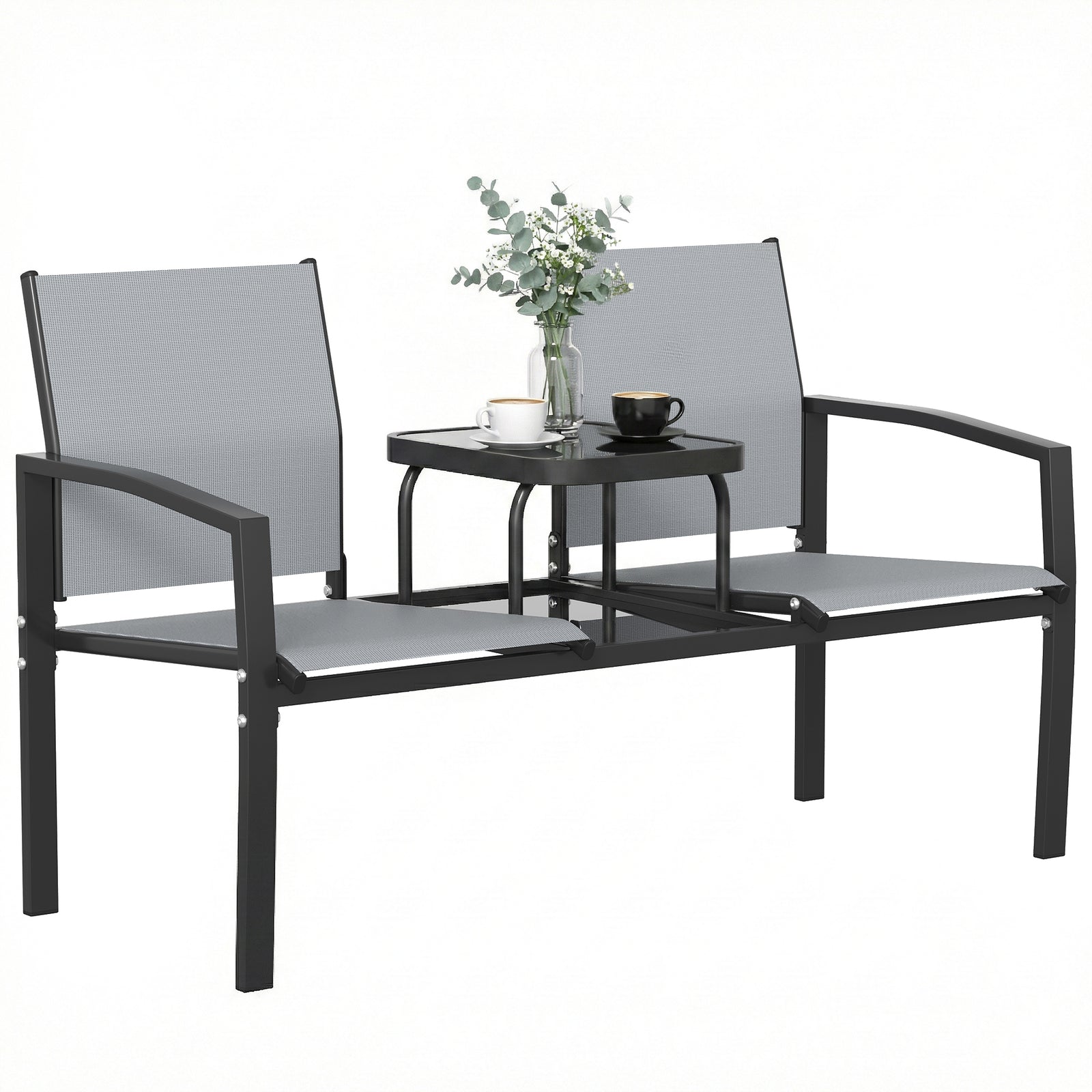 Outsunny Garden Love Seat With 2-tier Table, 2 Seater Jack & Jill Loveseat