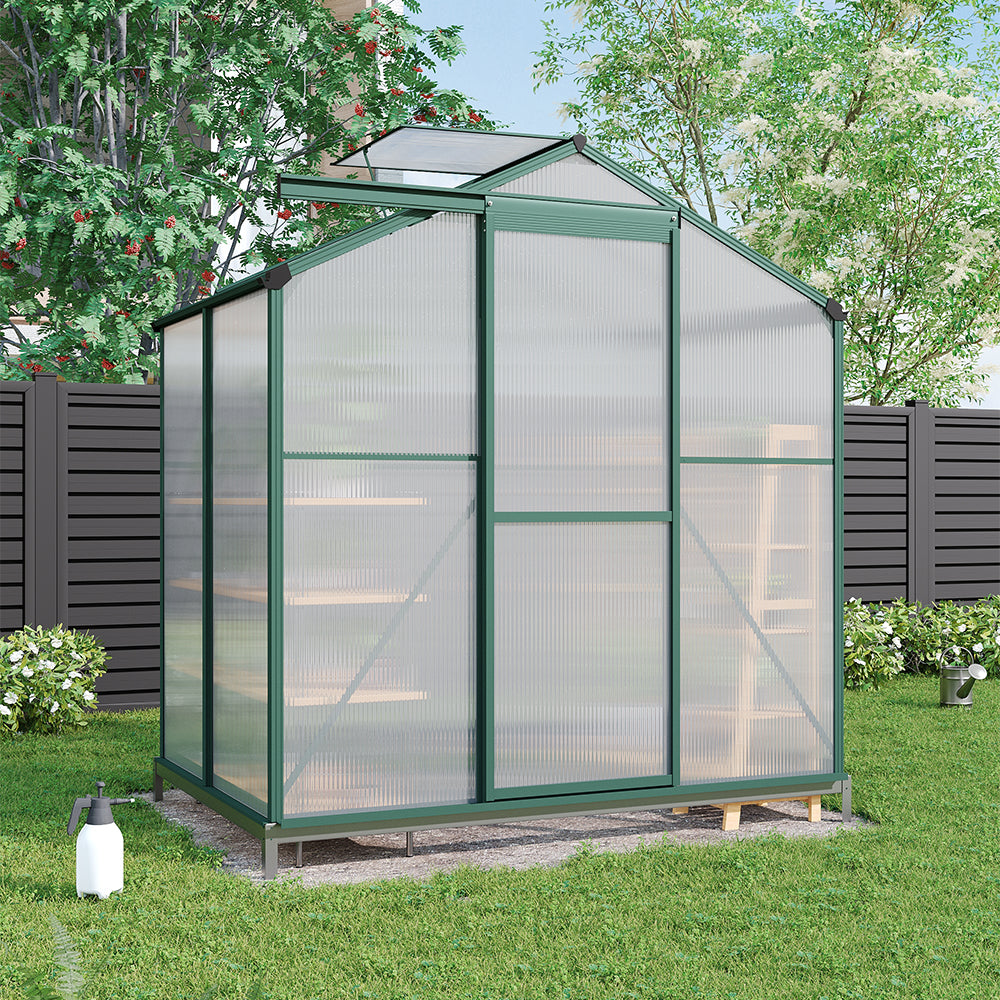 Polycarbonate Greenhouse With Base – Aluminum Frame Walk-in Greenhouse With Sliding Door & Ventilation Window For Plants & Flowers, Green, 4 x 6ft