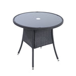 Round Wicker Patio Table With Black Tempered Glass Top With 51mm Umbrella Hole & Transparent Cap 80cm Dia X 72cm H | Black