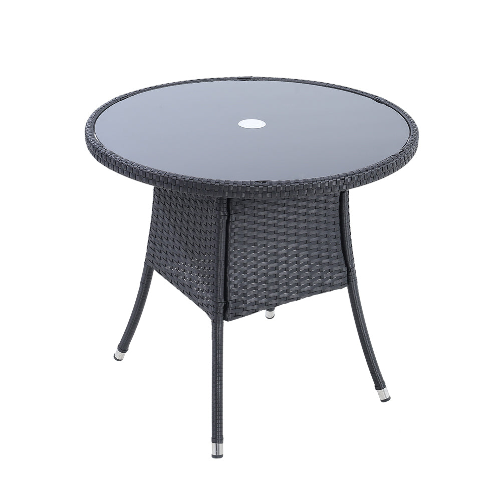 Round Wicker Patio Table With Black Tempered Glass Top With 51mm Umbrella Hole & Transparent Cap 80cm Dia X 72cm H | Black