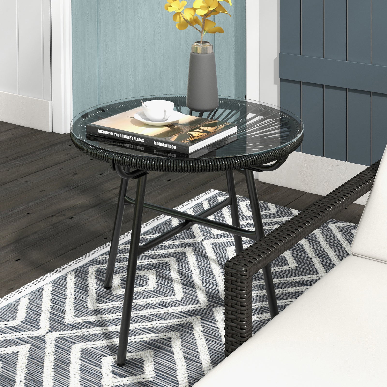 Rattan Side Table W/ Tempered Glass Tabletop