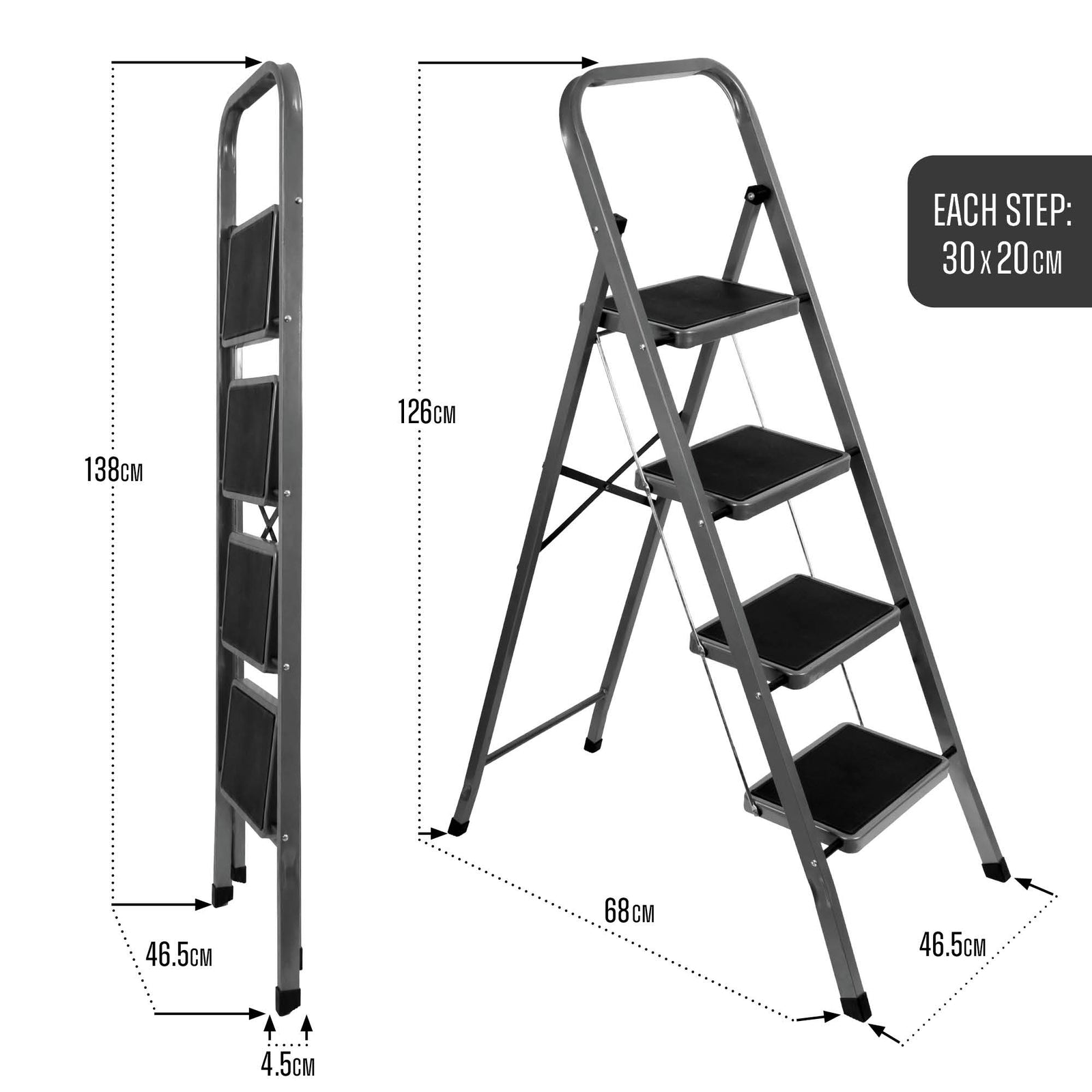 4 Step Ladder Heavy-duty Steel Folding Step Stool 150kg Capacity | Grey