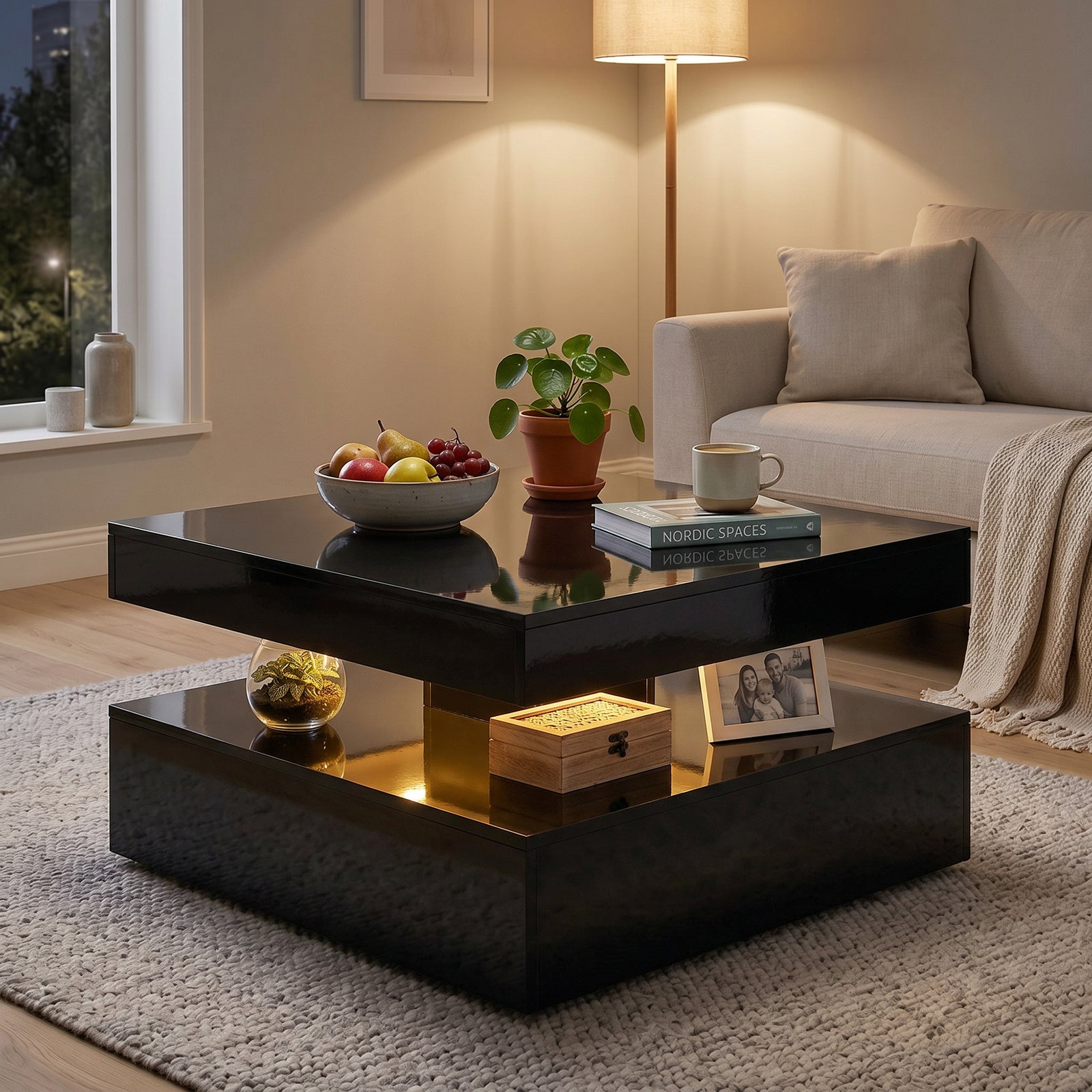 Led Coffee Table With Storage, Modern Centre Table | Black