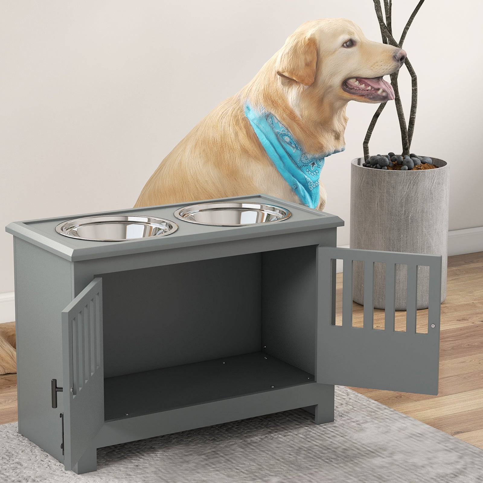 Raised Dog Bowls For Large Dogs Feeding Station W/ Stand, Storage | Gray