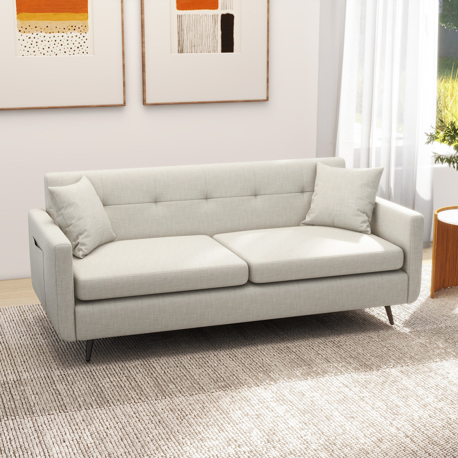 2 Seater Sofa 165cm Fabric Couch With Wood Legs And Pockets | One Size | Beige