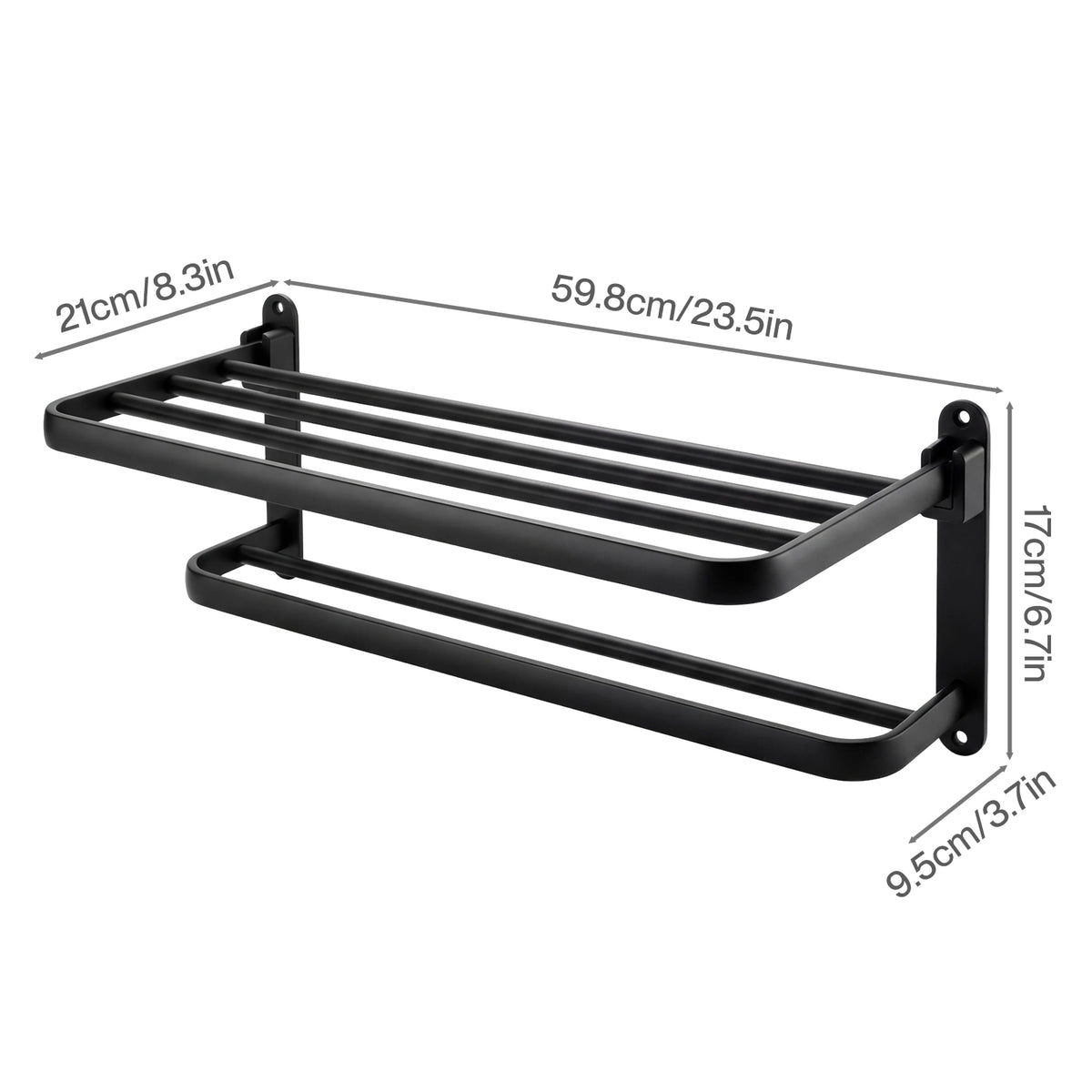 Towel Holder With 2 Bars Wall Mounted No Drill Bathroom Shelf Black | Black