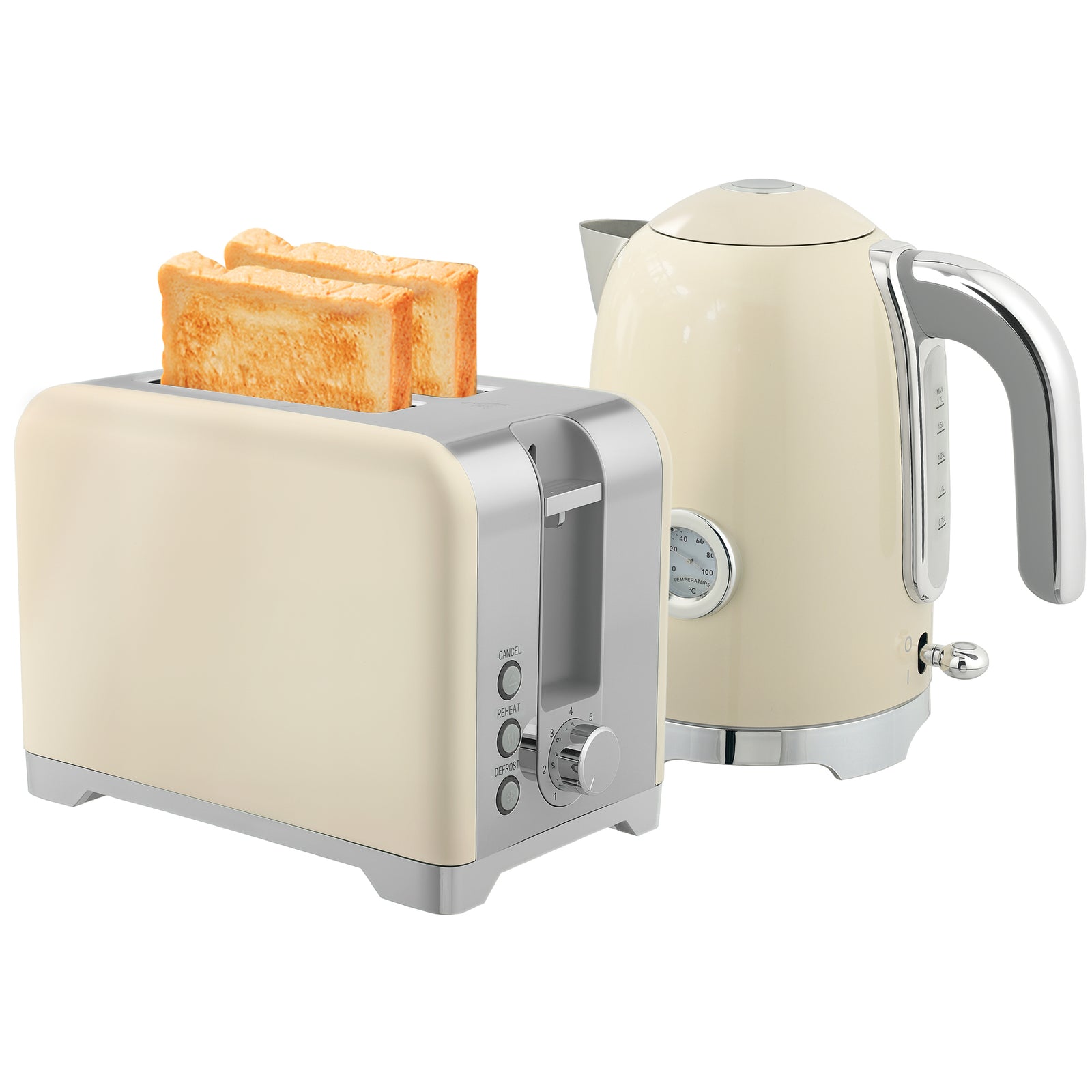 Kettle And Toaster Set With Temperature Gauge, Crumb Tray | Cream