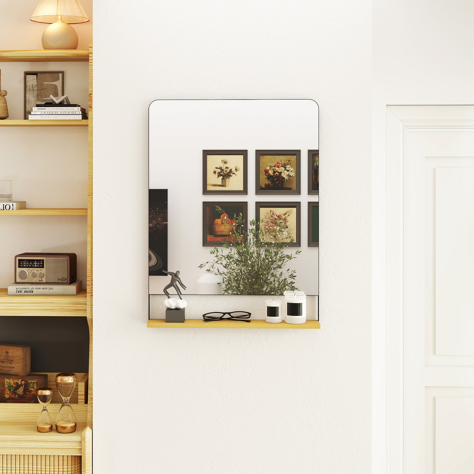 Decorative Mirror With Wood Shelf, Industrial Wall Mirror | L | Black