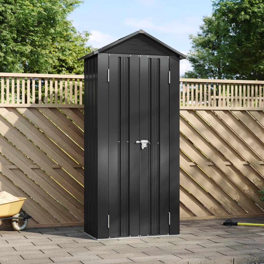 Metal Garden Storage Cabinet 2.7×1.9 Ft Apex Roof Shed With Adjustable 2 Shelves &  Lockable Double Doors | Charcoal Black
