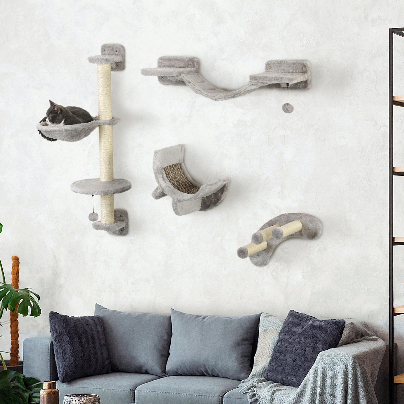 Four-piece Cat Wall Furniture W/ Hammock, Ladder, Platforms, Steps - Grey