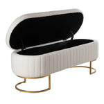 White Teddy Fur Upholstered Storage Bench With Gold Metal Base, Modern Ottoman Seat With Hidden Compartment For Bedroom Or Living Room