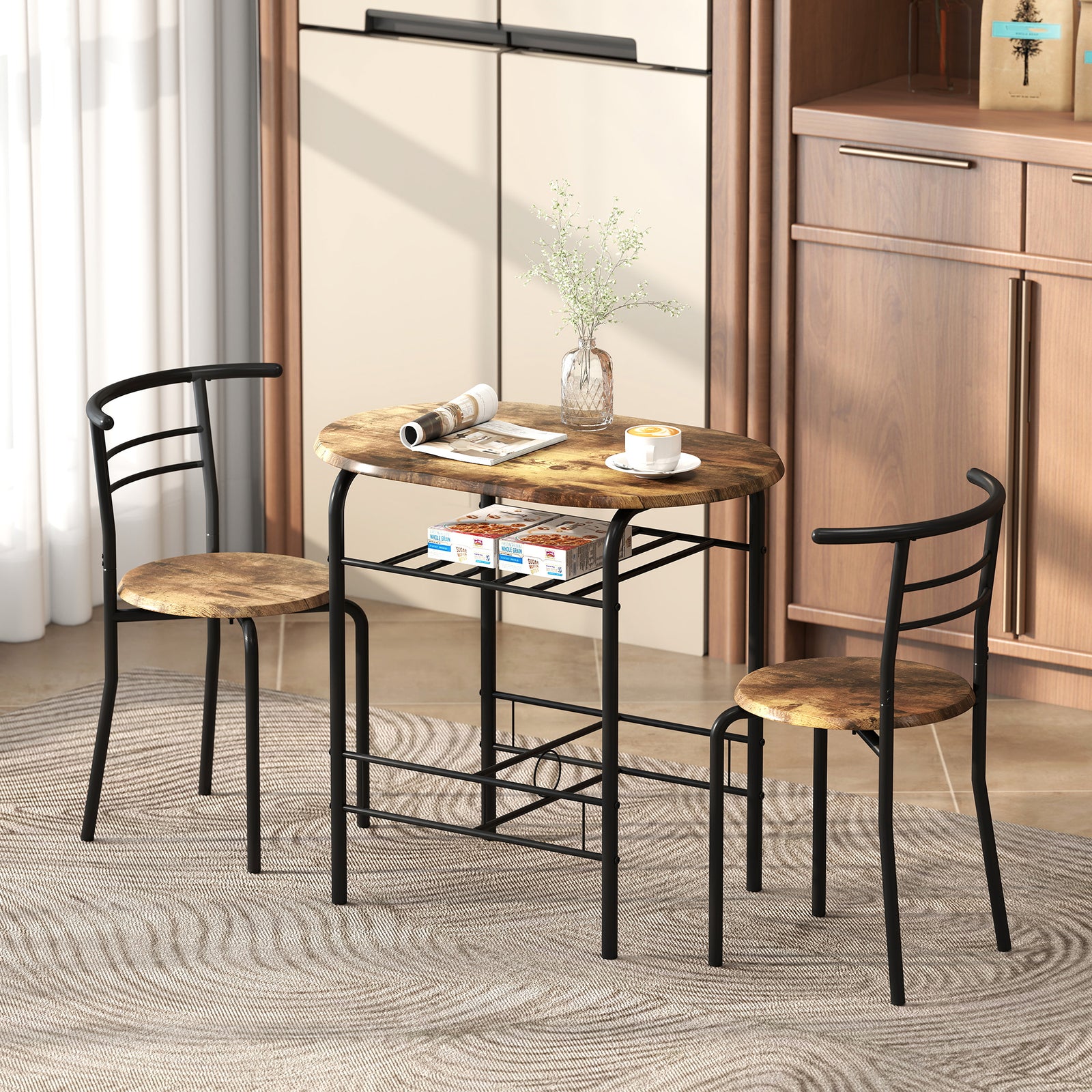 Breakfast Bar Table And Stools Set, Dining Room Set With Shelf | Rustic Brown