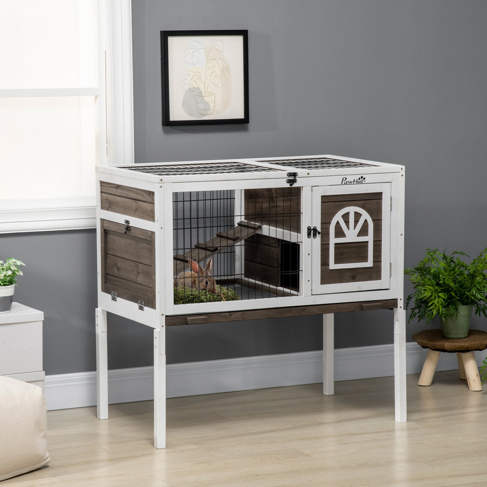 Wooden Rabbit Hutch, Small Animal House W/ Removable Tray, Openable Roof | Brown