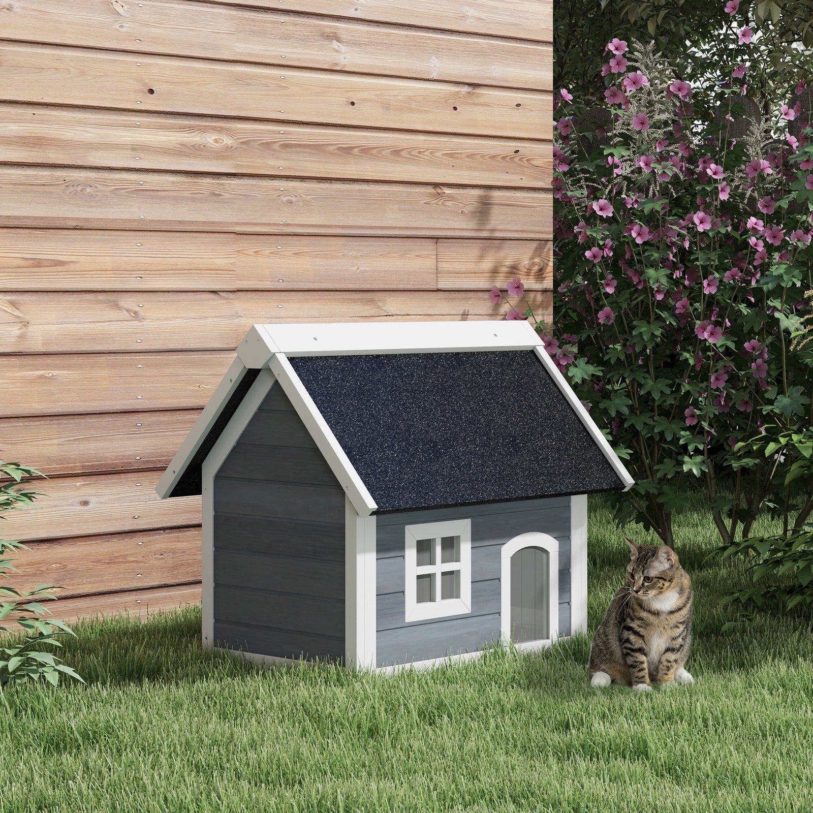 Pawhut outdoor Feral Cat House With Openable Asphalt Roof, grey