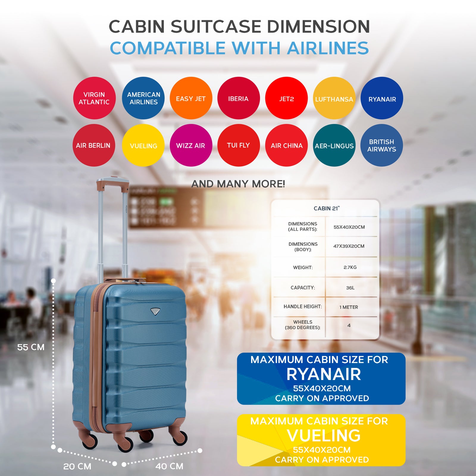 55x40x20cm Lightweight Luggage Hard Shell Cabin Suitcase 60+ Airlines Approved - Carry On Case - 4 Wheels | 55 x 40 x 20cm | Blue