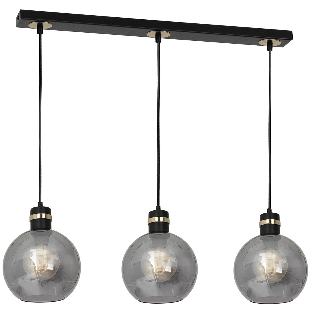 Omega Hand Made Linear Pendant Lamp With Elegant Smoked Glass Spheres Quality Matt Black Fittings With Gold Detail