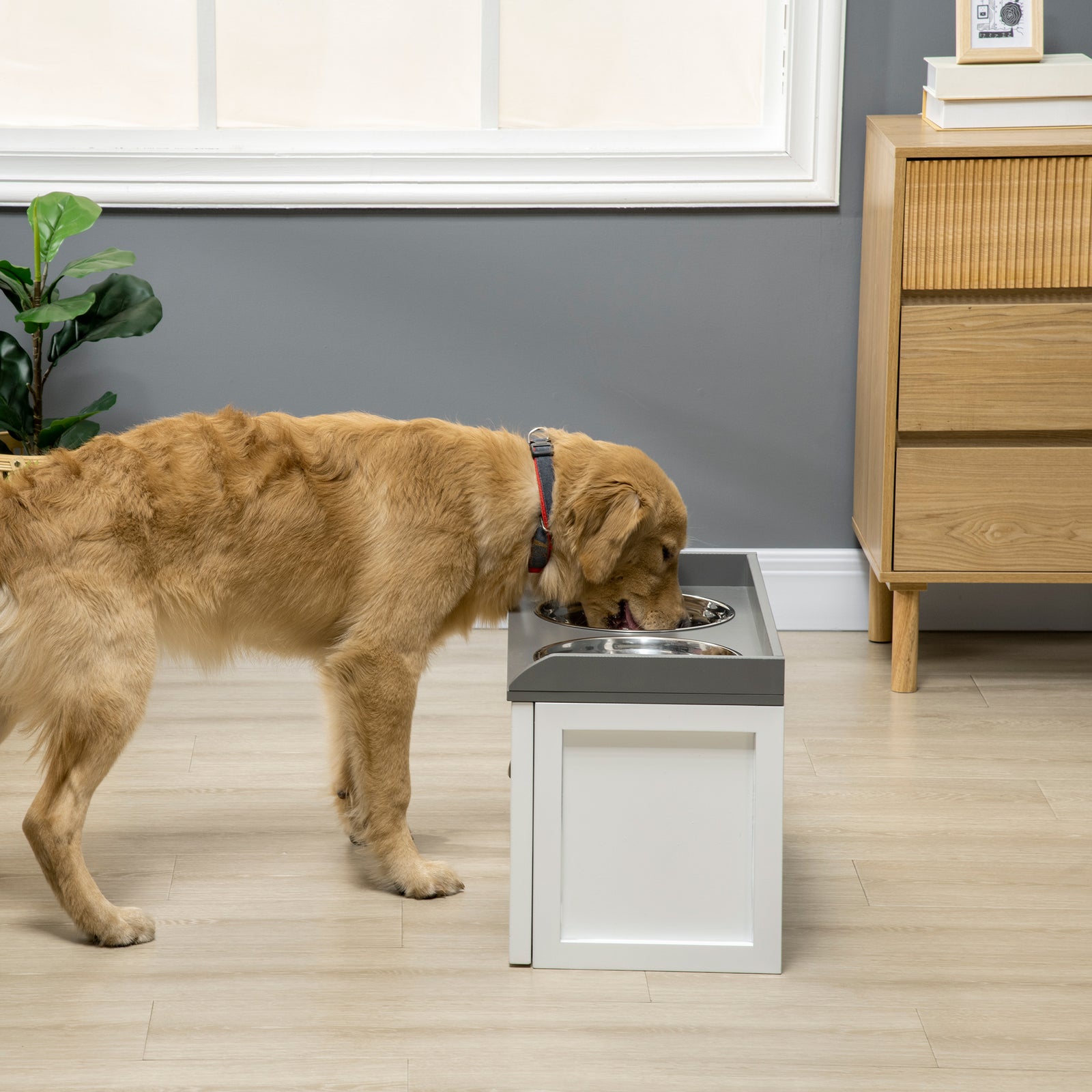 Stainless Steel Raised Dog Bowl W/ 21l Storage Drawer, For Large Dogs | White