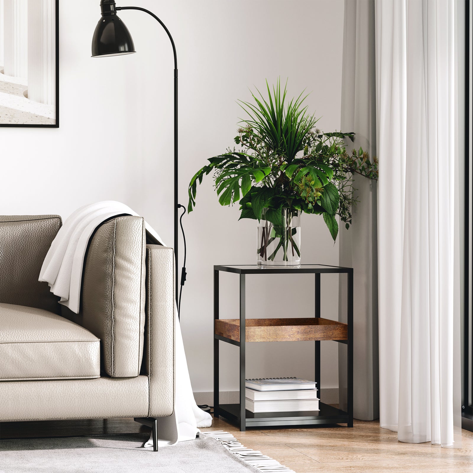 Industrial Side Table W/ 3-tier Storage Shelves | Brown