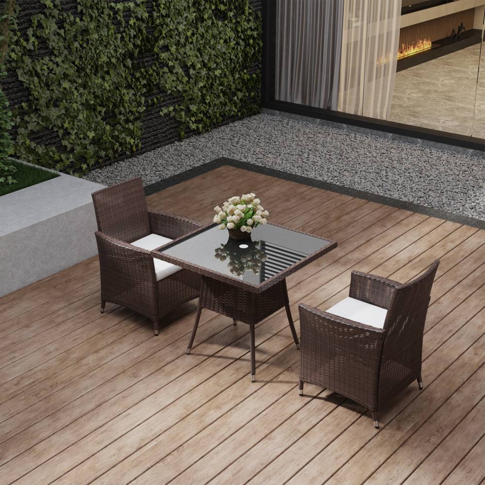 Brown PE Rattan Square Table with 5mm Black Silk-Printed Tempered Glass Top - 80cm X 72cm H