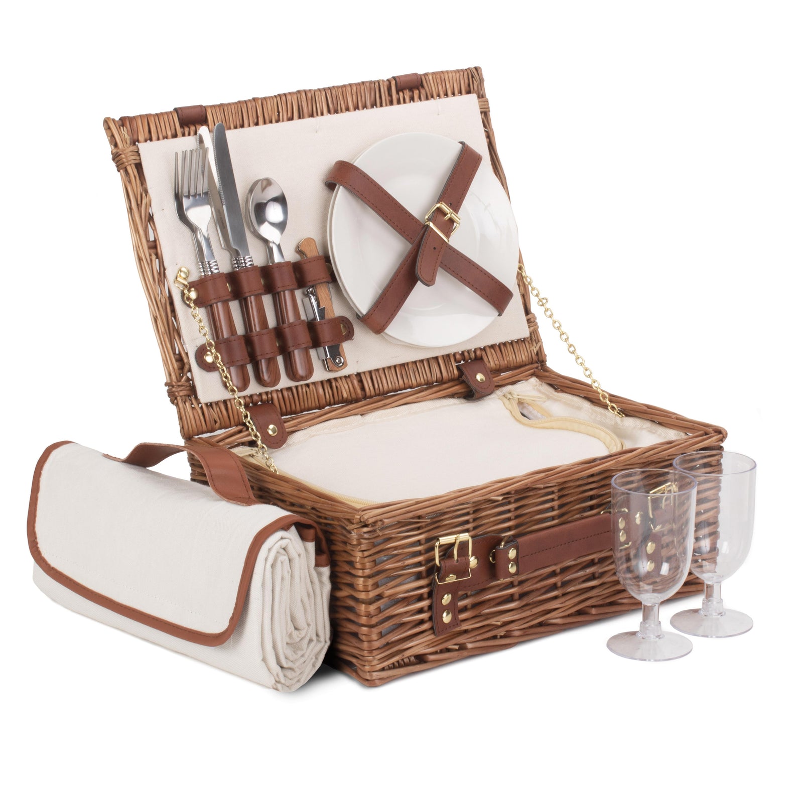 Classic Fitted Picnic Wicker Basket | 2-Person | White