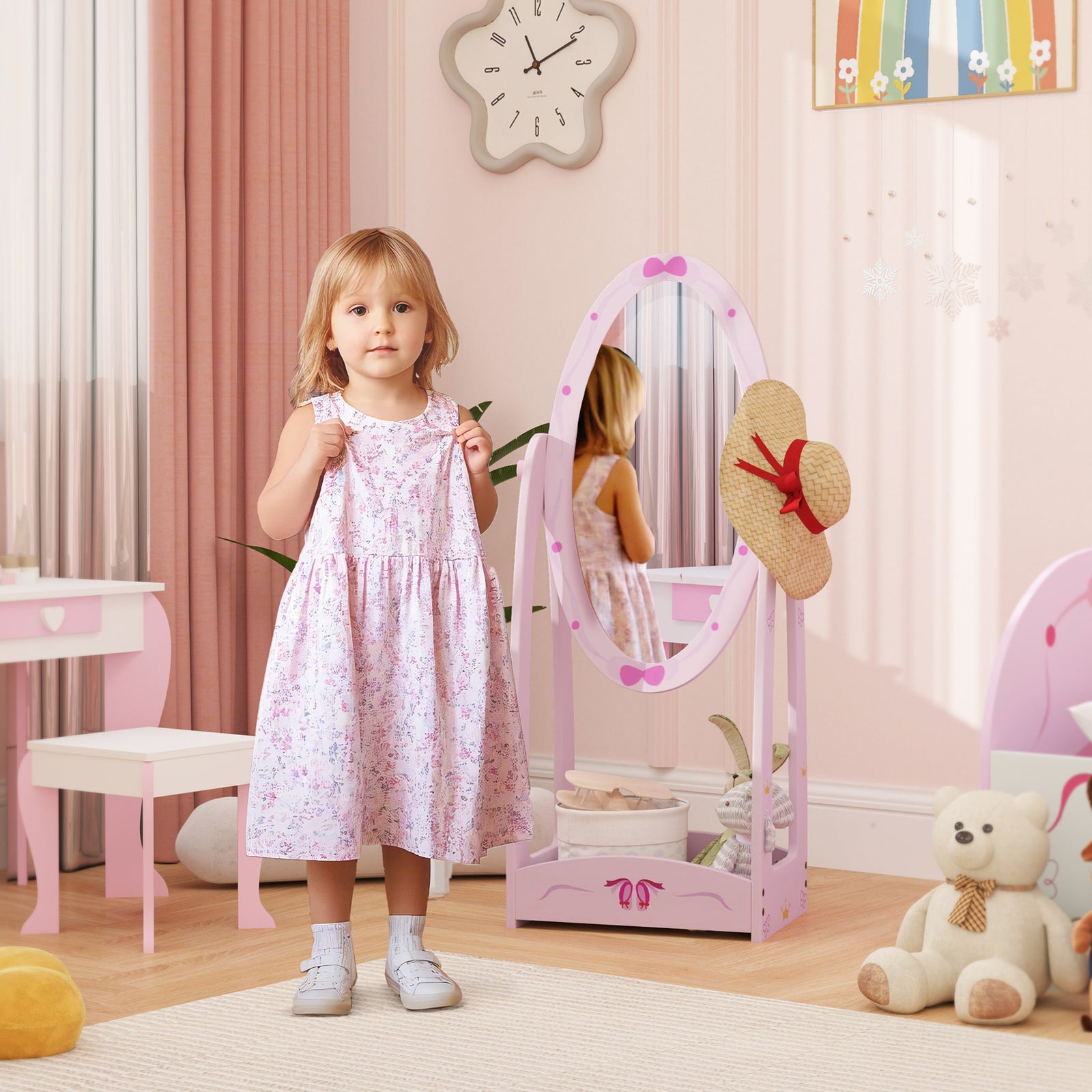 360° Rotating Kids Full Length Mirror, Children Standing Mirror, Pink
