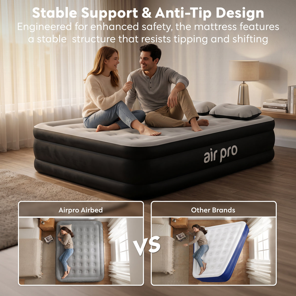 Inflatable Air Mattress With Soft Surface Built-in Electric Pump | Double | Black
