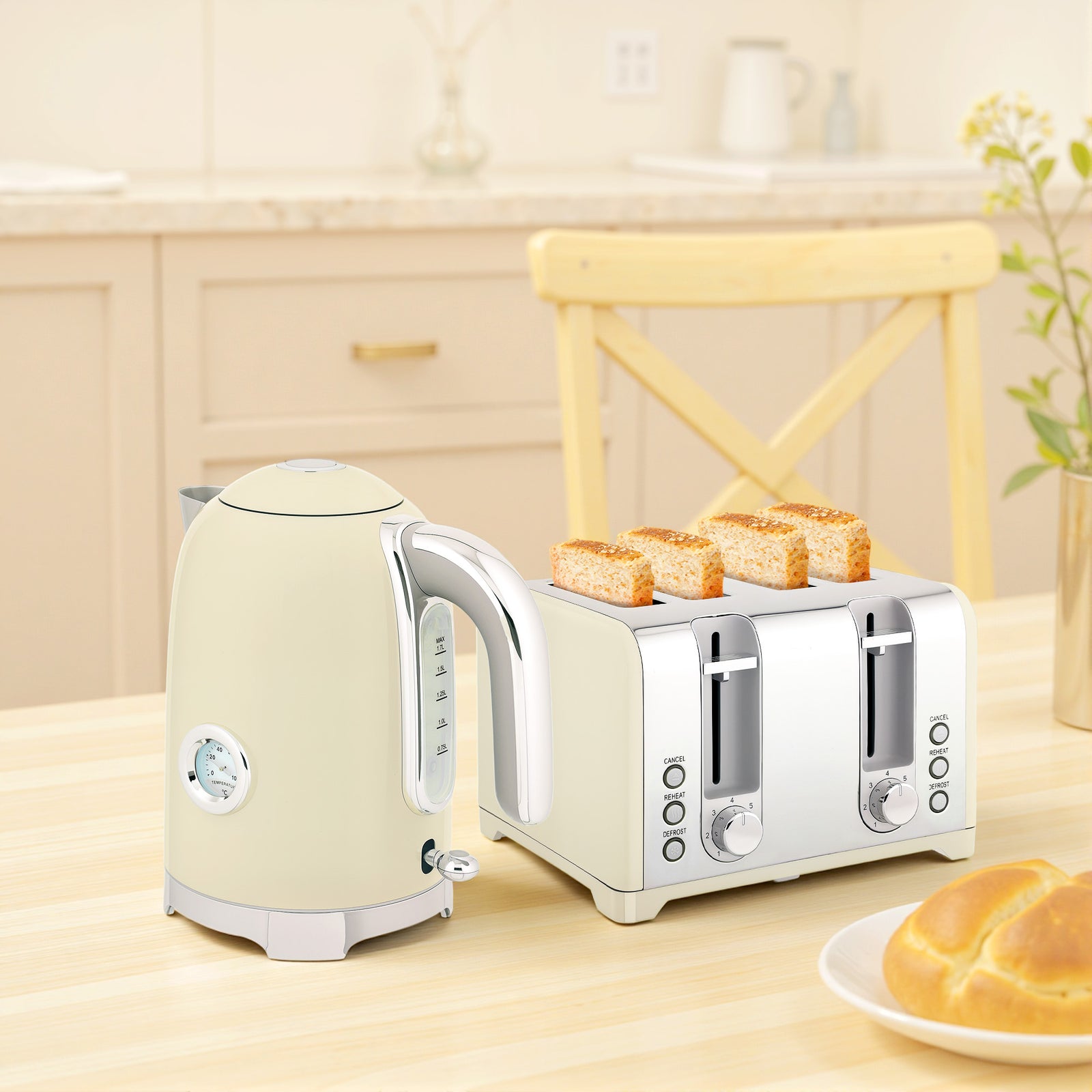 3000w 1.7l Kettle With Retro Thermometer, 4 Slice Toaster Set | Cream