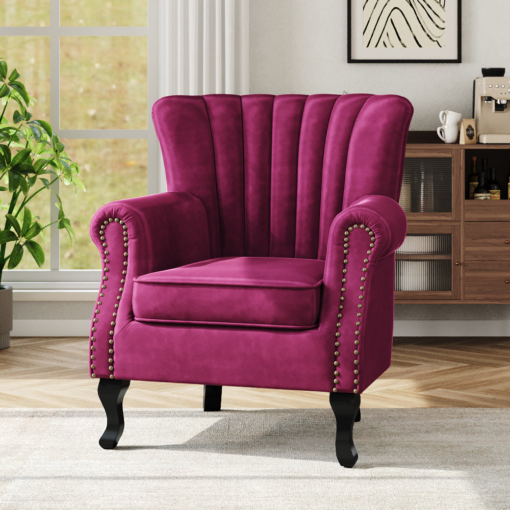Vintage Old-fashion Velvet Wing Back Armchair With Studs | Wine