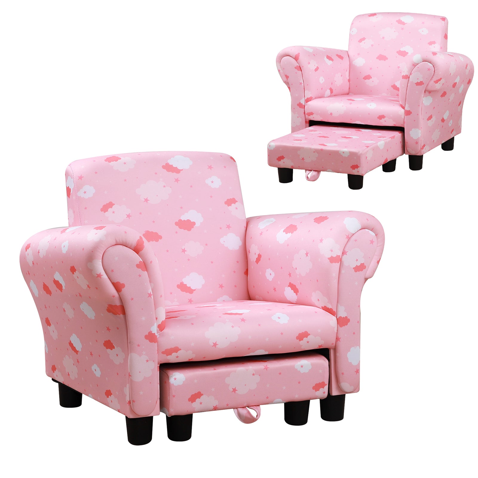 Cute Cloud Star Child Armchair Seat Wood Frame W/ Footrest Padding | Pink