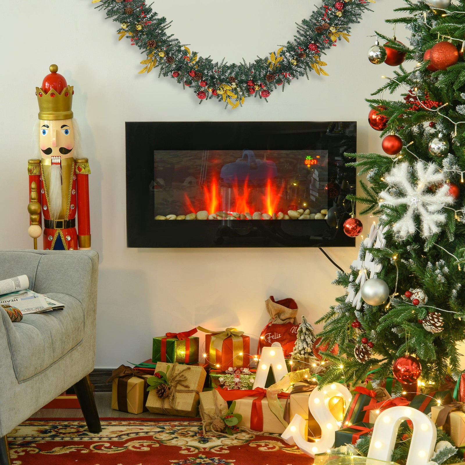 1000w/2000w Electric Wall Fireplace Led Flame Effect Timer