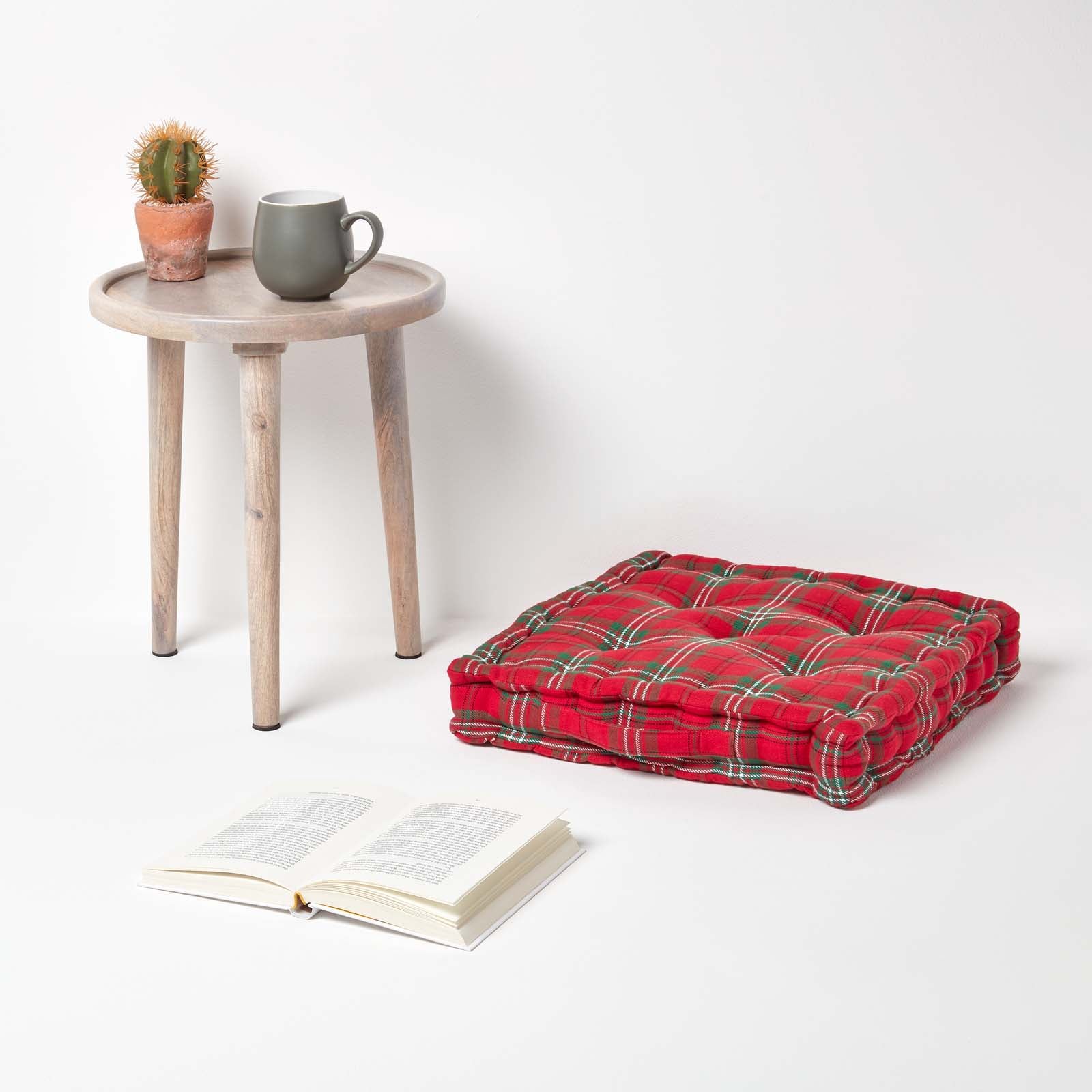 Cotton Tartan Check Floor Cushion | 50cm x 50cm | Red