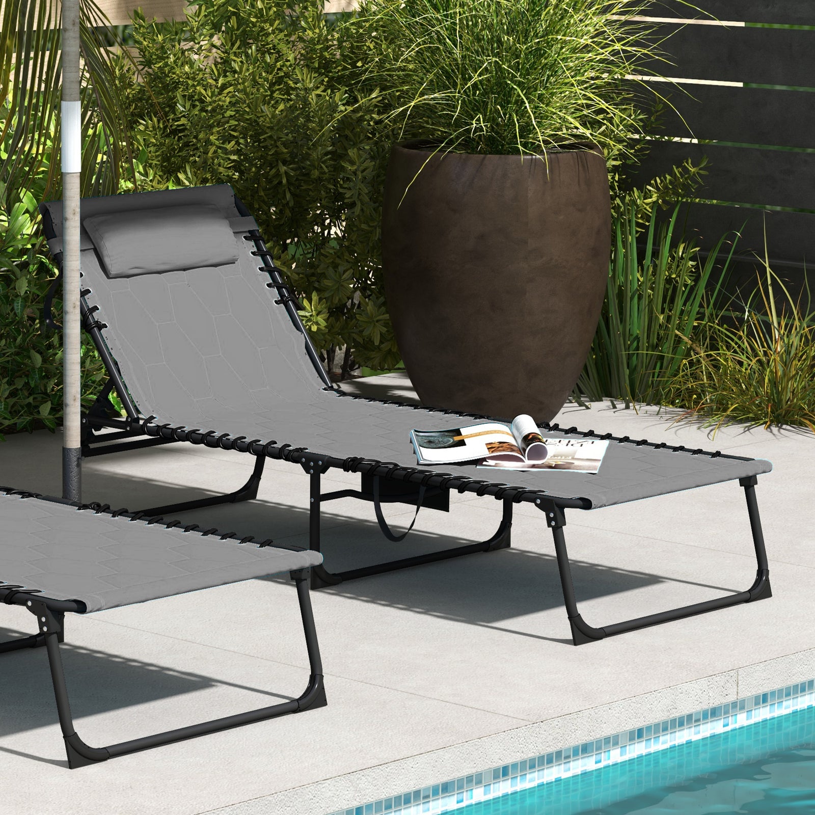 Foldable Sun Lounger W/ Reclining Back | Set-of-1 | Gray